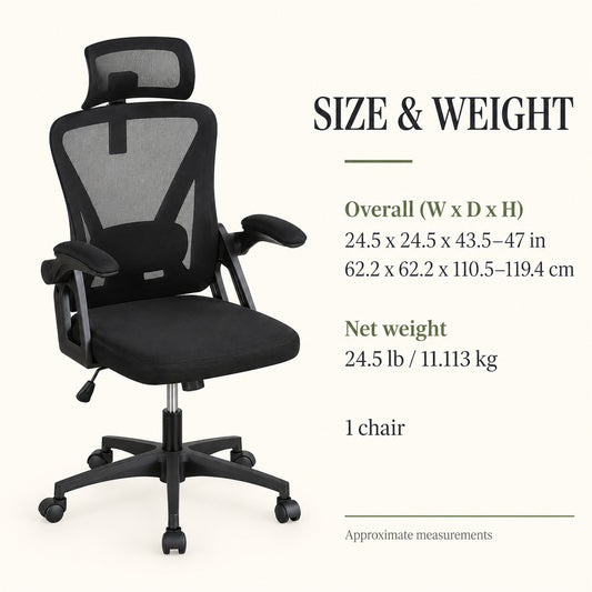 Mesh Office Chair with Adjustable Headrest and Flip-Up Arms, Black