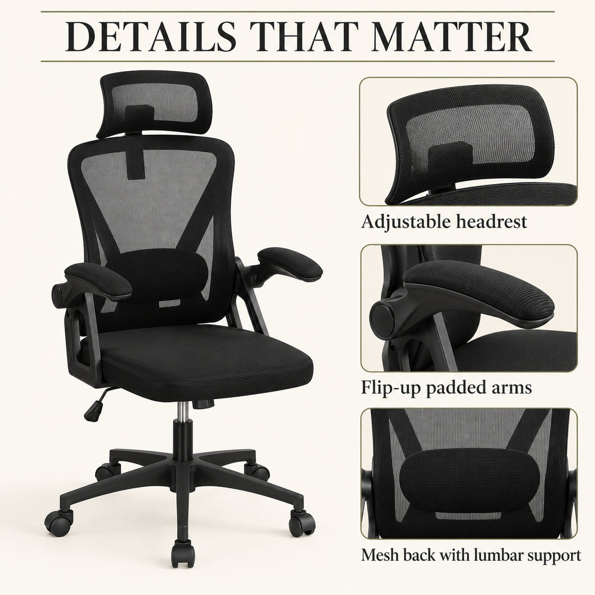 Mesh Office Chair with Adjustable Headrest and Flip-Up Arms, Black