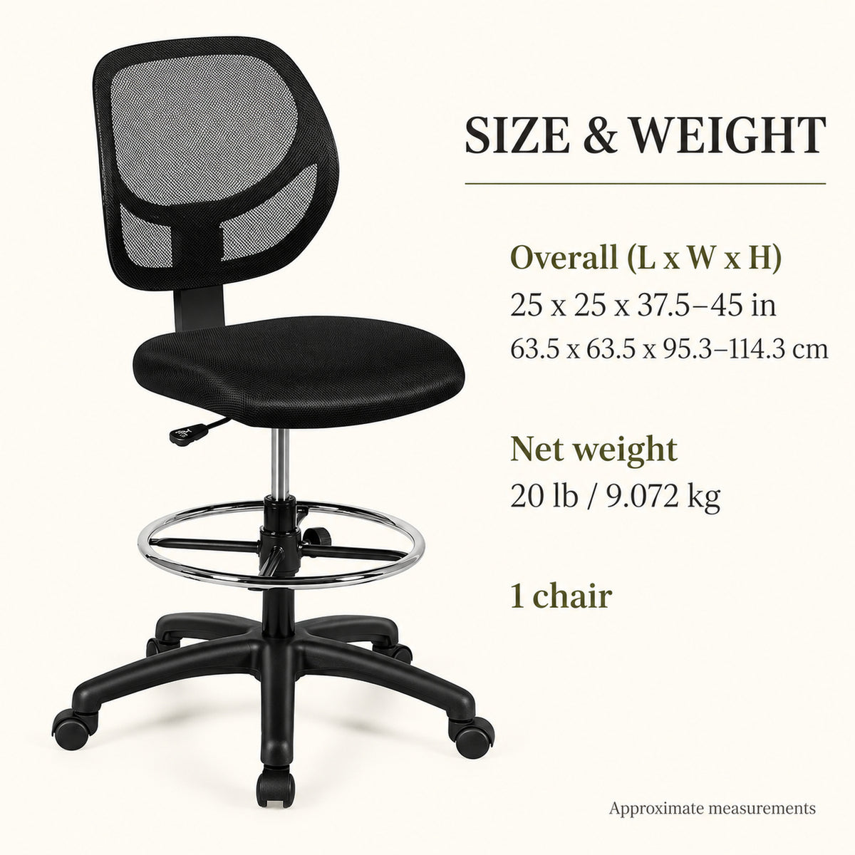 Armless Mesh Drafting Chair with Adjustable Foot Ring, Black