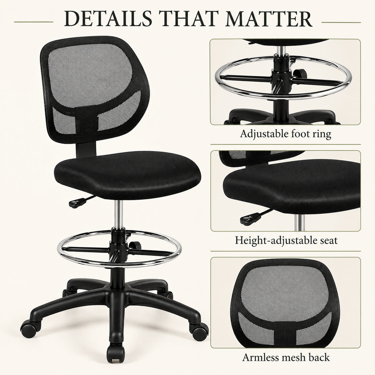 Armless Mesh Drafting Chair with Adjustable Foot Ring, Black