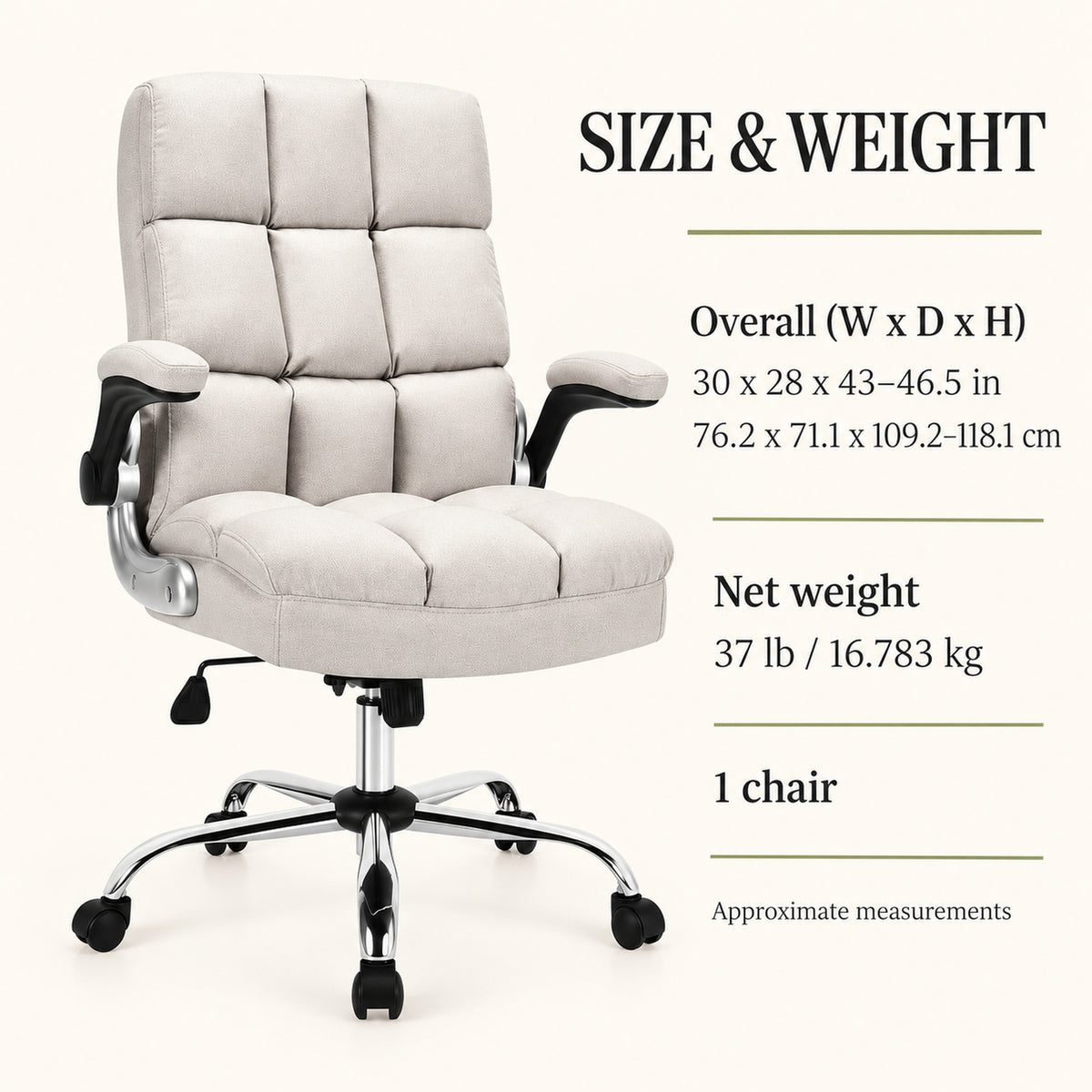 High-Back Fabric Office Chair with Flip-Up Arms, Beige