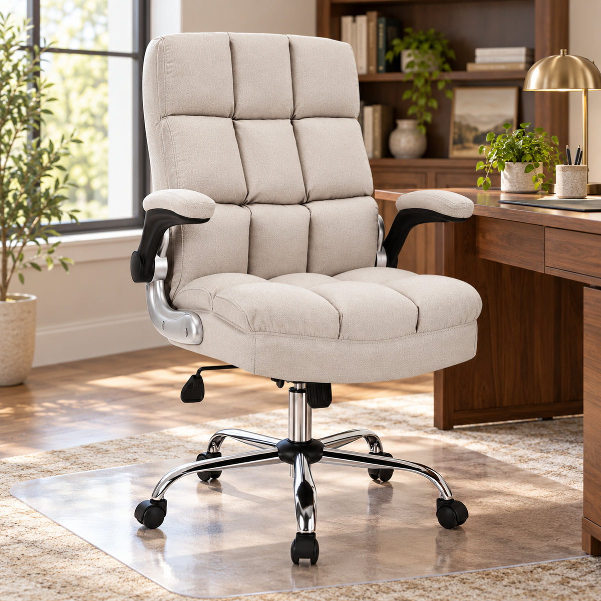 High-Back Fabric Office Chair with Flip-Up Arms, Beige