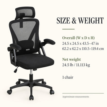 Mesh Office Chair with Adjustable Headrest and Flip-Up Arms, Black