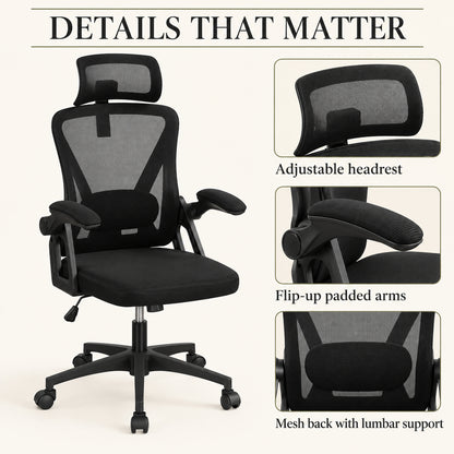 Mesh Office Chair with Adjustable Headrest and Flip-Up Arms, Black