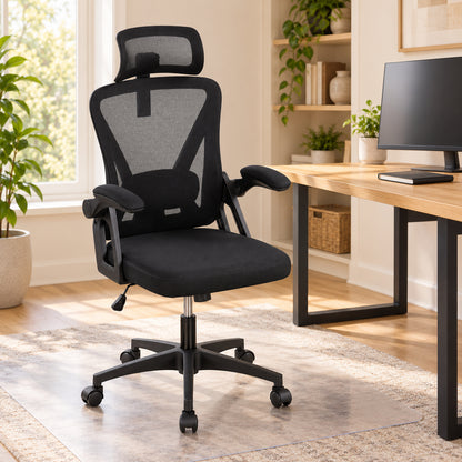 Mesh Office Chair with Adjustable Headrest and Flip-Up Arms, Black