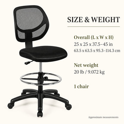 Armless Mesh Drafting Chair with Adjustable Foot Ring, Black