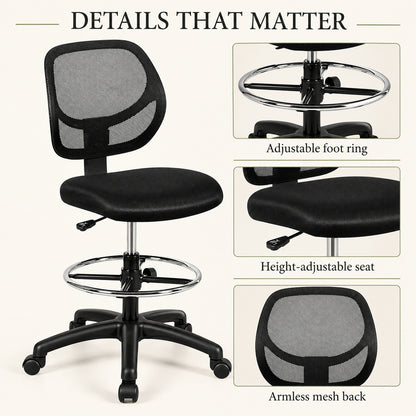Armless Mesh Drafting Chair with Adjustable Foot Ring, Black