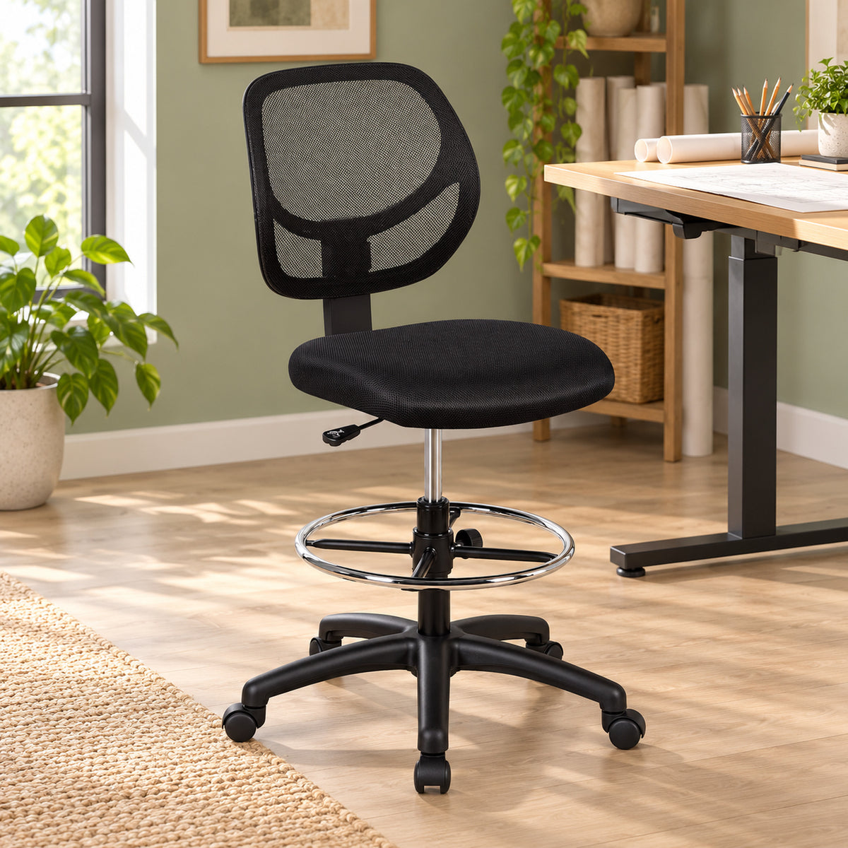 Armless Mesh Drafting Chair with Adjustable Foot Ring, Black