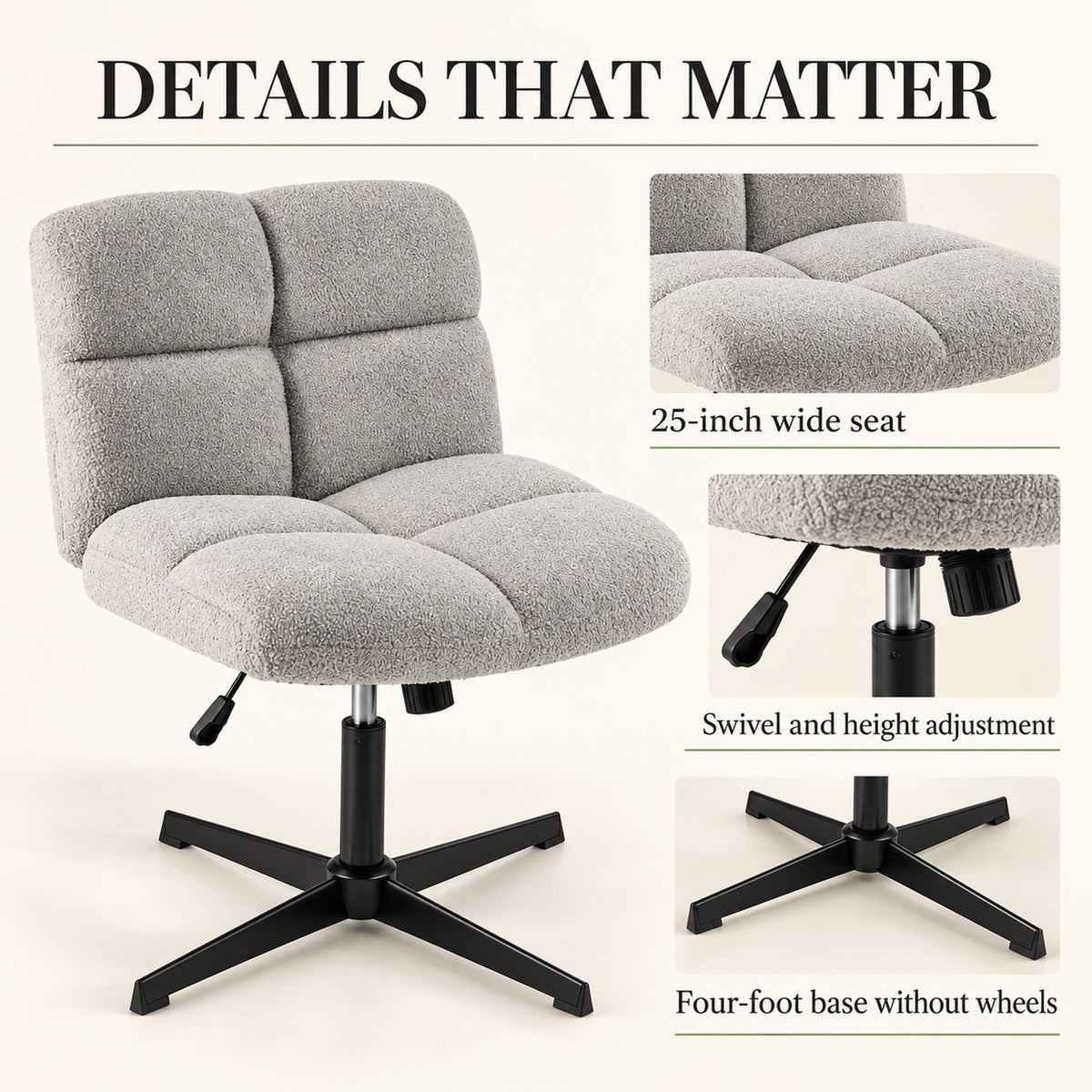 Wide-Seat Armless Swivel Desk Chair without Wheels, Gray