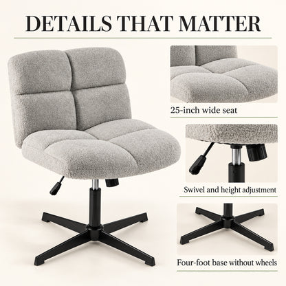 Wide-Seat Armless Swivel Desk Chair without Wheels, Gray