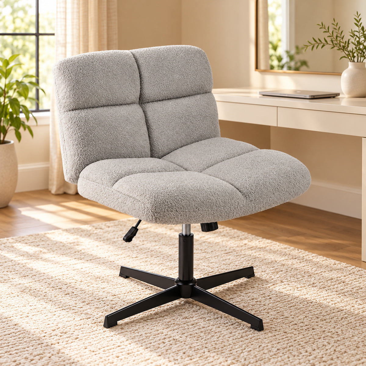 Wide-Seat Armless Swivel Desk Chair without Wheels, Gray