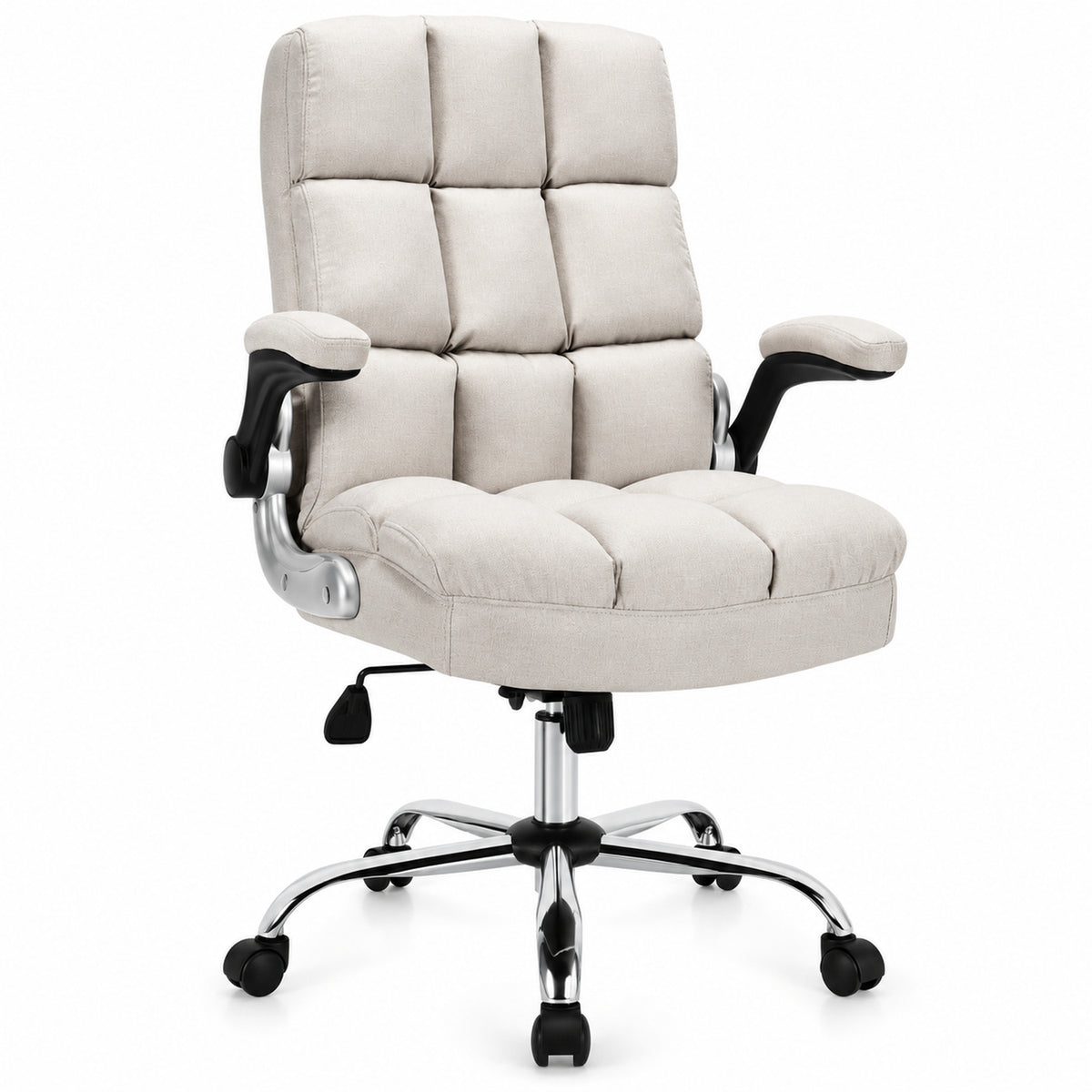 High-Back Fabric Office Chair with Flip-Up Arms, Beige