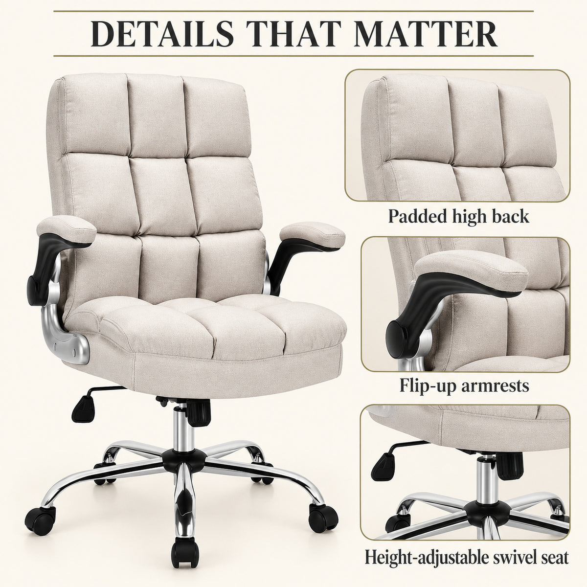 High-Back Fabric Office Chair with Flip-Up Arms, Beige