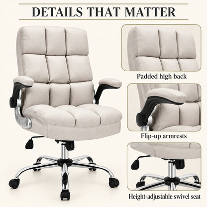 High-Back Fabric Office Chair with Flip-Up Arms, Beige