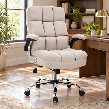 High-Back Fabric Office Chair with Flip-Up Arms, Beige
